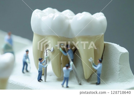 Miniature doctors treat a giant tooth in a dental clinic setup for educational purposes 128718640