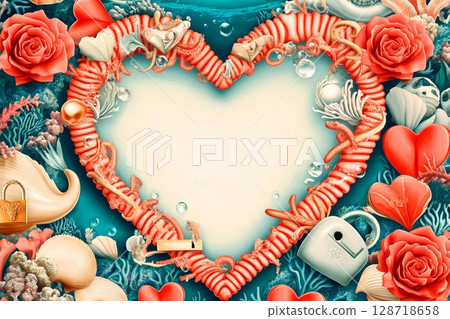 Heart-shaped coral reef frame showcases vibrant underwater life with colorful marine elements 128718658
