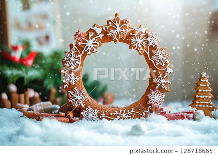 Whimsical gingerbread wreath adorned with festive decorations perfect for holiday celebrations 128718665