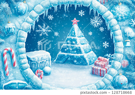 Explore the wonders of winter within an arctic circular frame featuring an icy igloo and festive decorations 128718668
