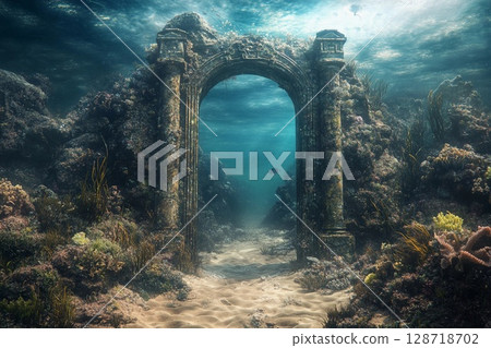 Magical underwater gate emerges from the ocean floor surrounded by ancient ruins and marine life 128718702