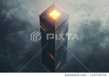 Towering geometric obelisk with a glowing core illuminates the dark sky during twilight hours Towering geometric obelisk with a glowing core illuminates the dark sky during twilight hours 128718716
