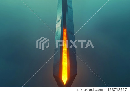 Towering geometric obelisk with a glowing core illuminates the dark sky during twilight hours 128718717
