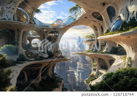 Exploring a futuristic city with bionic buildings showcasing unique architectural designs and advanced urban planning 128718744
