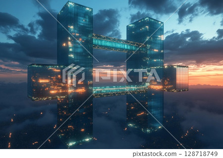 Twin towers with mirrored glass design create a stunning skyline connection at sunset 128718749