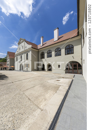 Modry Kamen Castle courtyard showing renovated facade in Banskobystricky kraj, Slovakia 128718802