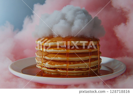 Pancake tower reaches the clouds with golden syrup cascading down its fluffy layers 128718816
