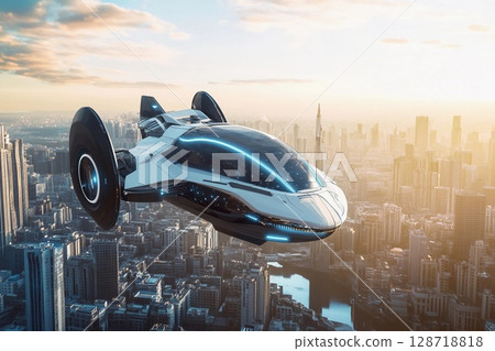 Futuristic vehicle soars above a vibrant city skyline during sunset with bright lights illuminating the surroundings 128718818