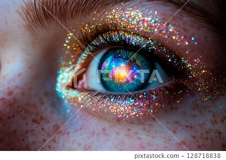 Eyes sparkle with cosmic colors resembling a starry sky 128718838