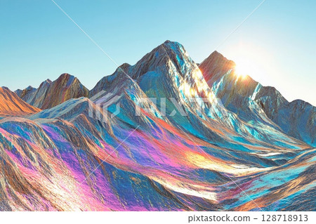 Mountains glow with holographic textures under soft light, showcasing a surreal natural landscape 128718913