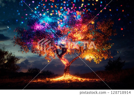 Glowing multicolored tree with leaves that defy gravity in a night landscape bathed in vibrant light 128718914