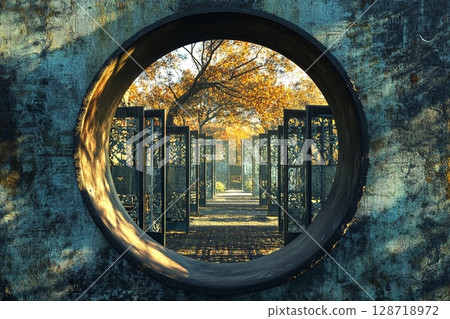 Round gate leading to a series of similar gates in a serene outdoor environment Round gate leading to a series of similar gates in a serene outdoor environment 128718972