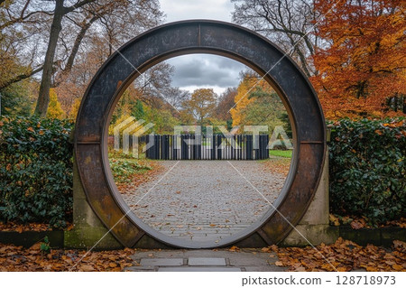 Round gate leading to a series of similar gates in a serene outdoor environment Round gate leading to a series of similar gates in a serene outdoor environment 128718973