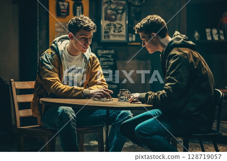 Guy instructs a friend to sit next to him while enjoying snacks and drinks in a bustling urban environment during the evening 128719057