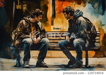 Guy instructs a friend to sit next to him while enjoying snacks and drinks in a bustling urban environment during the evening 128719058