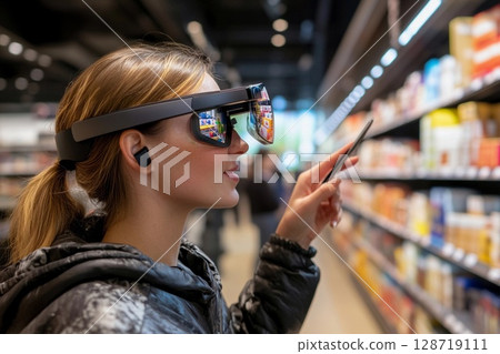 Shopper explores supermarket aisles with augmented reality glasses for product information and details 128719111