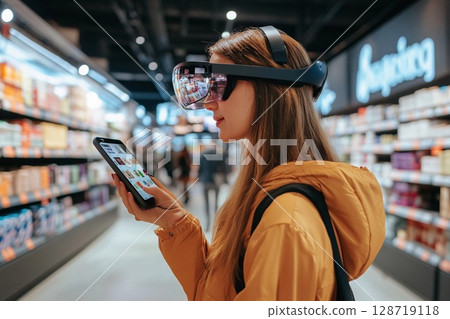 Shopper explores supermarket aisles with augmented reality glasses for product information and details Shopper explores supermarket aisles with augmented reality glasses for product information and details 128719118