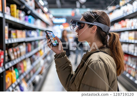 Shopper explores supermarket aisles with augmented reality glasses for product information and details Shopper explores supermarket aisles with augmented reality glasses for product information and details 128719120