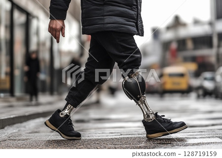Man confidently walking on the street with a prosthetic leg during a sunny day in an urban environment 128719159