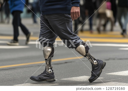 Man confidently walking on the street with a prosthetic leg during a sunny day in an urban environment 128719160