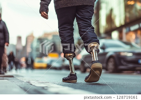 Man confidently walking on the street with a prosthetic leg during a sunny day in an urban environment 128719161