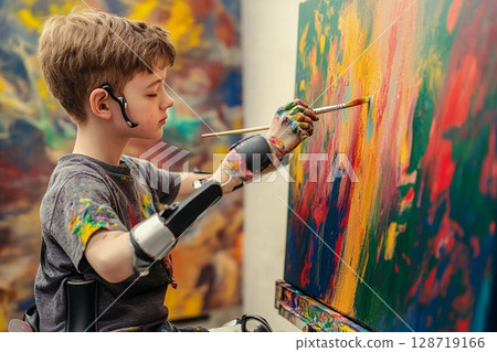 Creative artist with prosthetic arms passionately expresses himself through painting in an art studio space during daytime 128719166