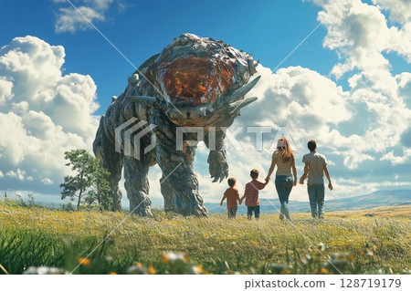 Family enjoys a peaceful moment with large genetically engineered animal in a vibrant landscape at sunset 128719179