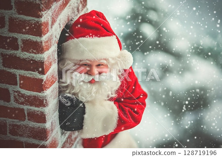Minimalist Santa Claus emerging from chimney with presents during snowy evening in a quaint town 128719196