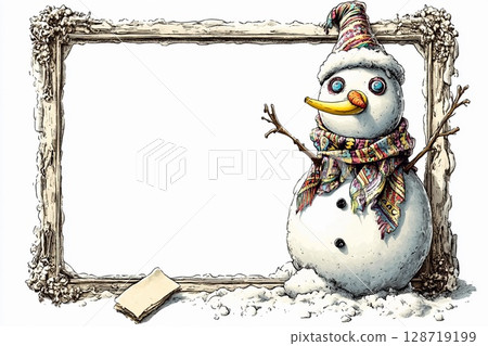 Cartoon snowman with exaggerated features joyfully hopping in a snowy winter landscape 128719199