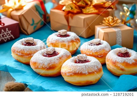 Delicious Hanukkah sufganiyot with powdered sugar and festive gifts arranged for celebration 128719201