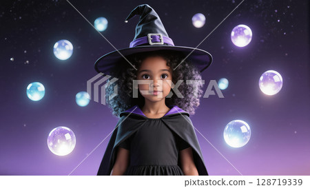Adorable young girl in witch costume with bubbles floating around, standing against magical purple background for Halloween concept Adorable young girl in witch costume with bubbles floating around, standing against magical purple background for Halloween concept 128719339