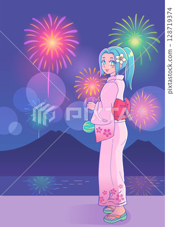 身穿浴衣的女性享受夏日祭典和煙火之夜的夢幻場景 128719374