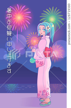 A summer greeting card style illustration of a girl in a yukata and a summer fireworks festival 128719380