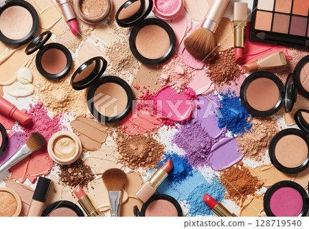 makeup brushes and eyeshadow palette with brushes 128719540