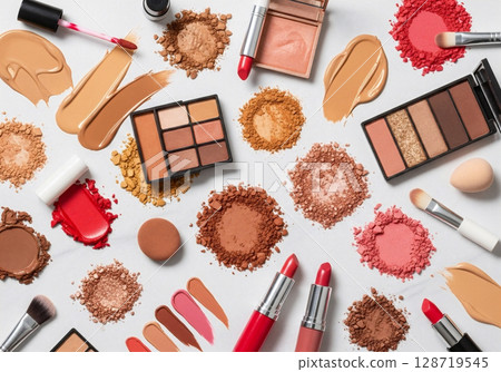 beauty products flatlay on beige 128719545