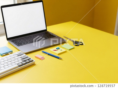 workplace with laptop, notebook, laptop, blank screen on table 128719557