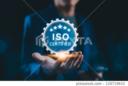 ISO certification standard assurance for business quality and compliance concept. ISO certified, symbol quality management, international standards, organizational excellence, operational efficiency, ISO certification standard assurance for business quality and compliance concept. ISO certified, symbol quality management, international standards, organizational excellence, operational efficiency, 128719632