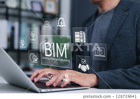 Building Information Modeling (BIM) Technology for Construction Projects. A professional working with BIM icons, tech used in construction, architecture, planning, management, increased efficiency, 128719641