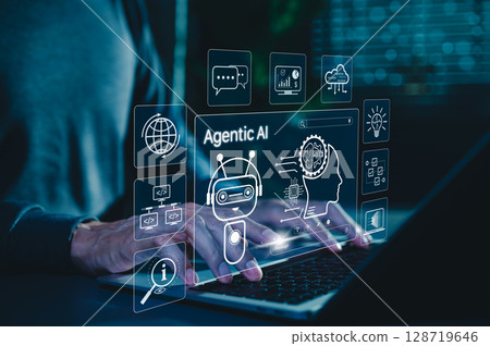 Agentic AI Technology for Intelligent Digital Automation Systems. Man using laptop with robot, brain, agentic AI icons, advanced artificial intelligence, automation, intelligent solutions, modern tech 128719646