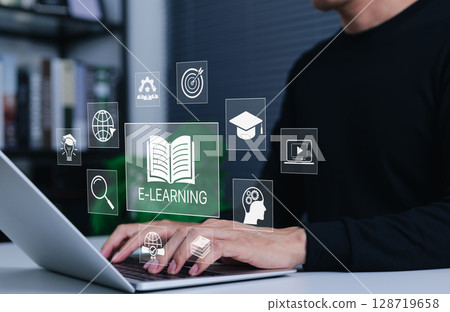 Online education and e-learning technology concept. Person using laptop with digital learn icons, book, graduation cap, video tutorial, global network, remote learning, and modern training solutions. 128719658