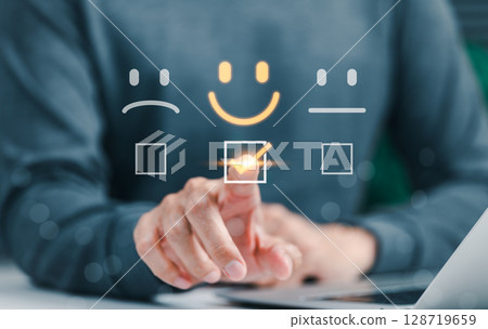 Customer review satisfaction feedback survey concept. Smiling face icon on survey represent customer feedback, satisfaction measurement, user experience evaluation, business service quality assessment 128719659