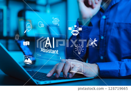 AI assistant technology concept. Person working with artificial intelligence icons, chatbot communication, machine learning, automation tools, and virtual assistant services in modern business setting 128719665
