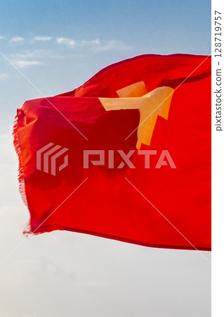 Red Flag on Copacabana Leme Beach Rio de Janeiro Brazil. 128719757