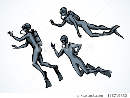 Scuba diver underwater. Vector drawing 128719880