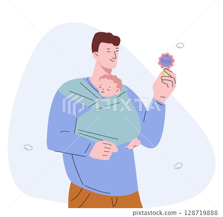 Happy father holding baby in sling. Man with newborn son or daughter, toddler sleep on walk with dad. Fathers day, parenthood, family vector concept 128719888