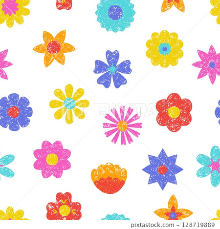 Hand drawn crayon flowers seamless pattern. Different drawing pencils floral elements, blossom nature. Vibrant print for fabric, vector background Hand drawn crayon flowers seamless pattern. Different drawing pencils floral elements, blossom nature. Vibrant print for fabric, vector background 128719889