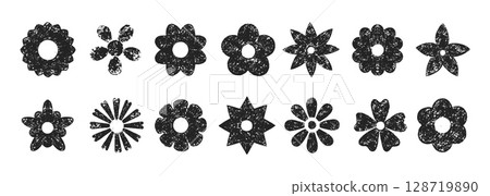 Grunge black flowers. Isolated hand drawn ink or pencil flower icons. Decorative natural blossom elements. Daisy or chamomile vector clipart 128719890