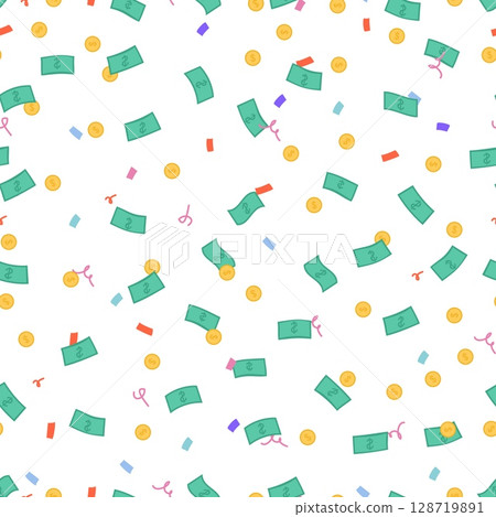 Falling money seamless pattern. Paper banknote and coins, confetti. Banking, winning lottery, investment successful. Financial print, vector background Falling money seamless pattern. Paper banknote and coins, confetti. Banking, winning lottery, investment successful. Financial print, vector background 128719891