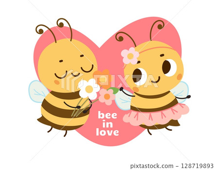 Cute poster with bee in love. Romantic sticker, children style print for clothes. Funny insects with flowers, dating scene in pink heart, vector concept Cute poster with bee in love. Romantic sticker, children style print for clothes. Funny insects with flowers, dating scene in pink heart, vector concept 128719893