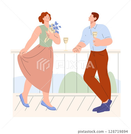 Couple on dating. Outdoor meeting with girlfriend. Man and woman stand with wine glasses and flowers on terrasse. Romantic time, date vector scene 128719894